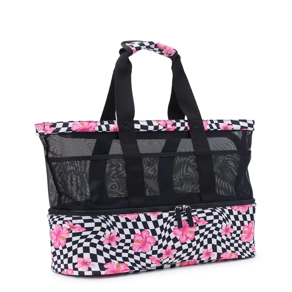 Women’s Zip Bottom Beach Tote Handbag  Black and Pink