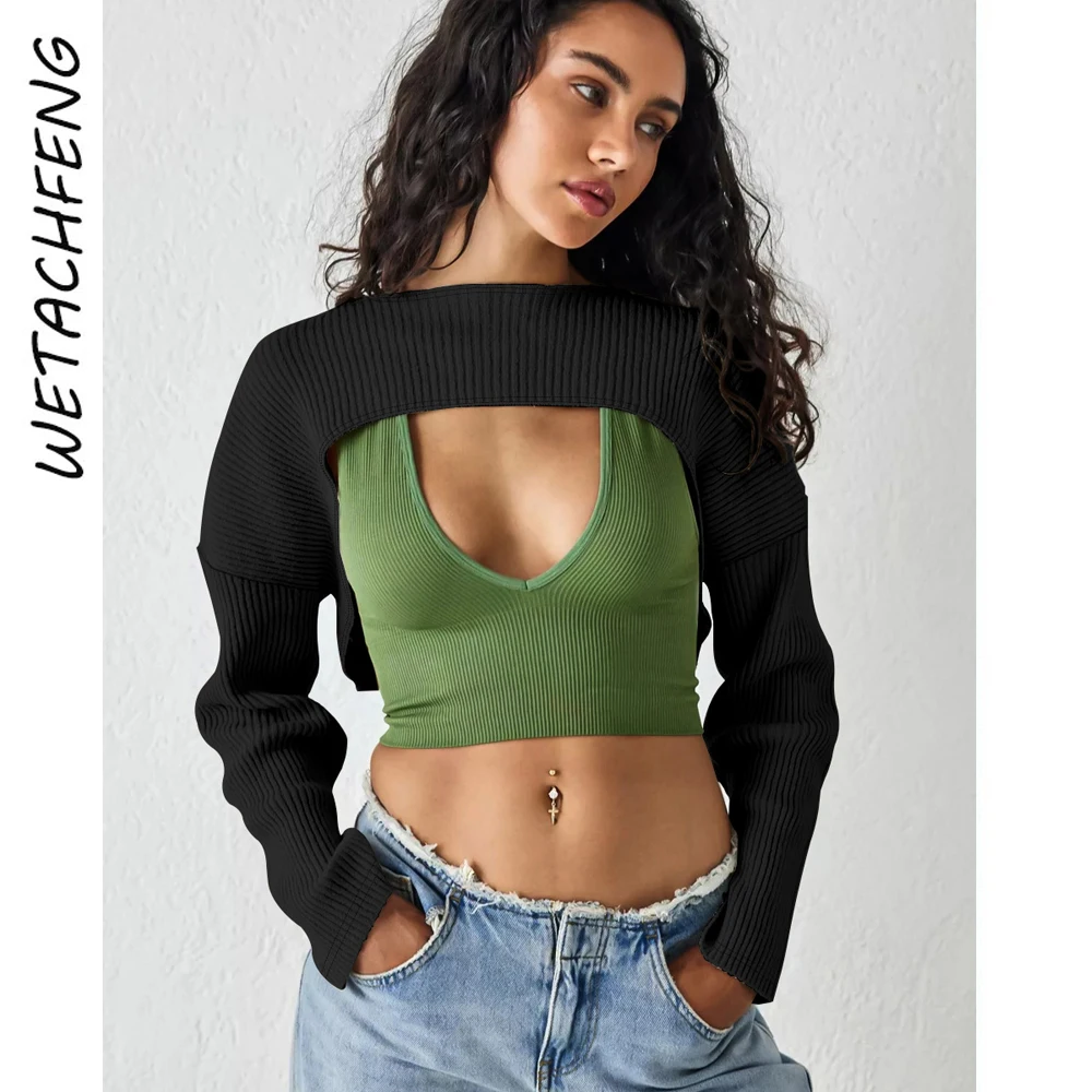 

Autumn Winter Knitted waistcoat Crop Tops Women Black Long Sleeve Short Sweater T Shirts Y2K Streetwear Fashion Female Clothing