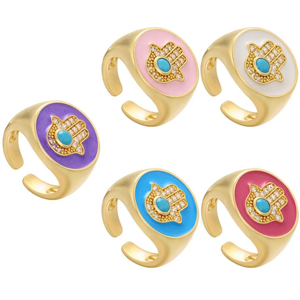 

Fatima Hand Evil Eye Lucky Rings Glass Filled Enamel Craft Inlaid Zircon Brass High Quality Couple Lover Retro Luxury Jewelry