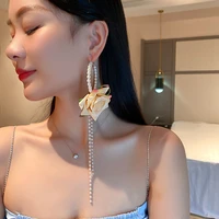 long tassel pearl hoop earrings for women bijoux oversize cloth rose flower earrings statement jewelry