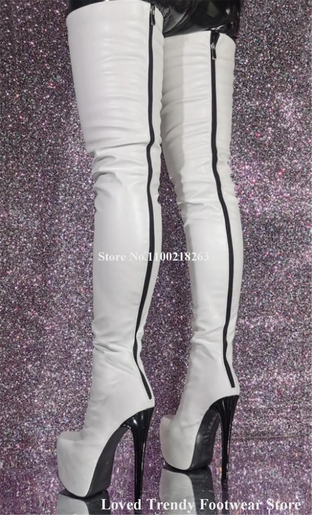 Сексуальные тонкие бело-зеленые сапоги выше колена на тонком каблуке с круглым