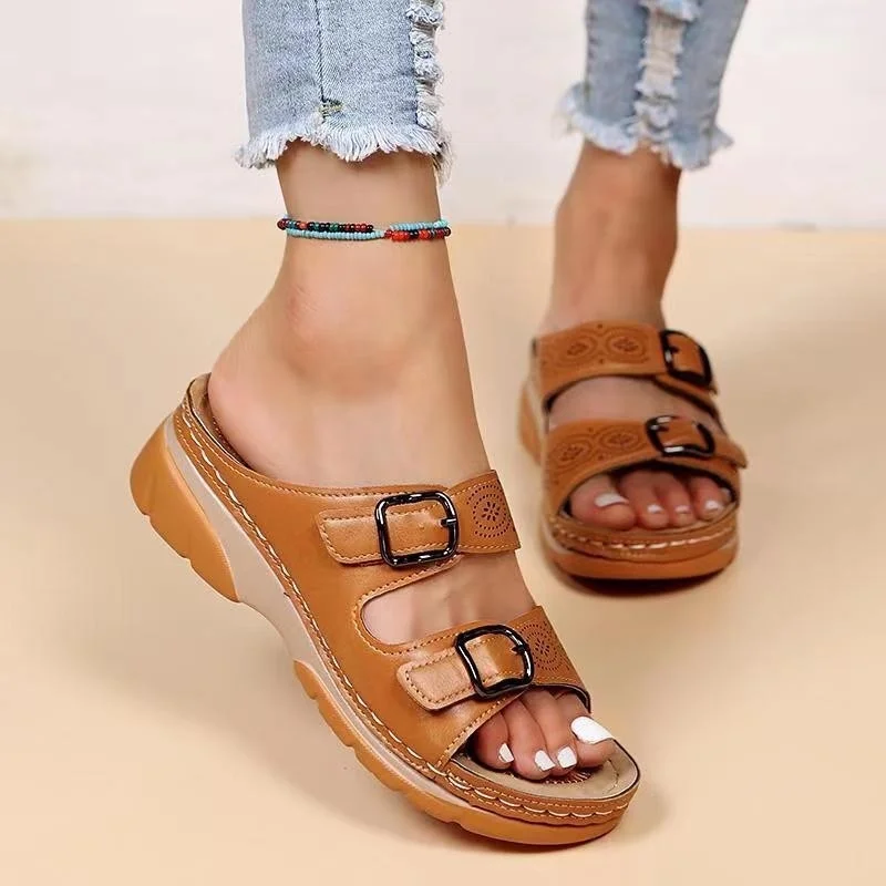 

Women Closed Toe Summer Shoes 2023 New Comfort Double Buckle Wedge Ladies Sandals Plus Size Platform Casual Slippers Women