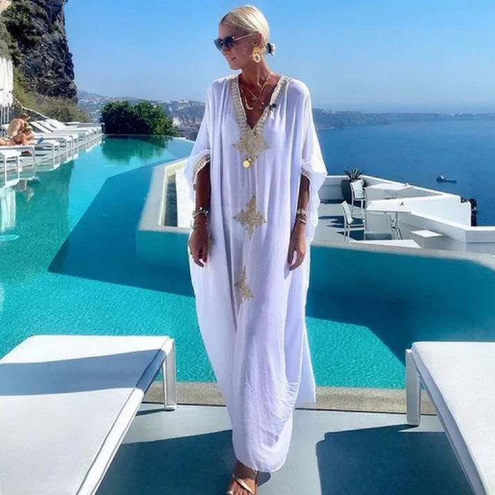 

SuperAen 2022 Blouse Rayon Gold Embroidered Robe Holiday Solid Loose Blouse Beach Dress Women