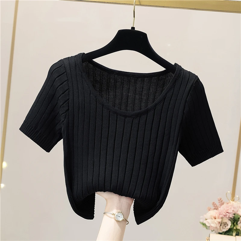 Y2k Cropped Tank Tops For Girls White Blouses T-shirts Knit Black T Shirts Korean Summer Streetwear Women Tees Blue Clothing images - 6