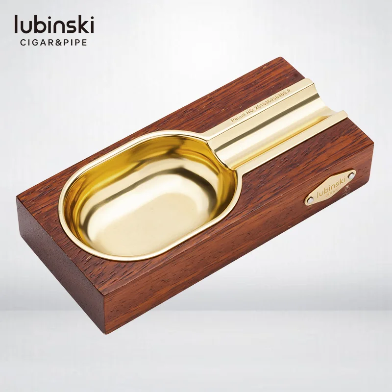 LUBINSKI Solid Wood & Pure Copper Cigar Ashtray Square Ebony Alloy Cigar Ashtray Deliacte For 1 Cigars Holder Ash Slot