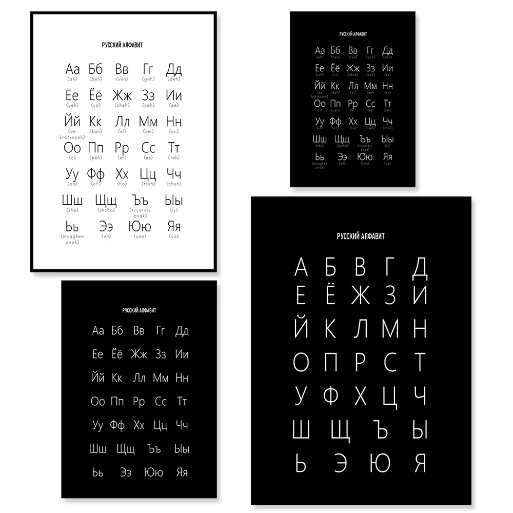 Плакат с русским алфавитом и английской pronunciation-белый черный-ABC принт-украшение