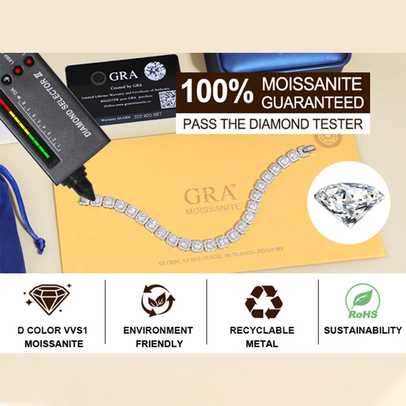 Теннисный браслет Iced Out Moissanite Halo для женщин и мужчин стерлинговое серебро S925