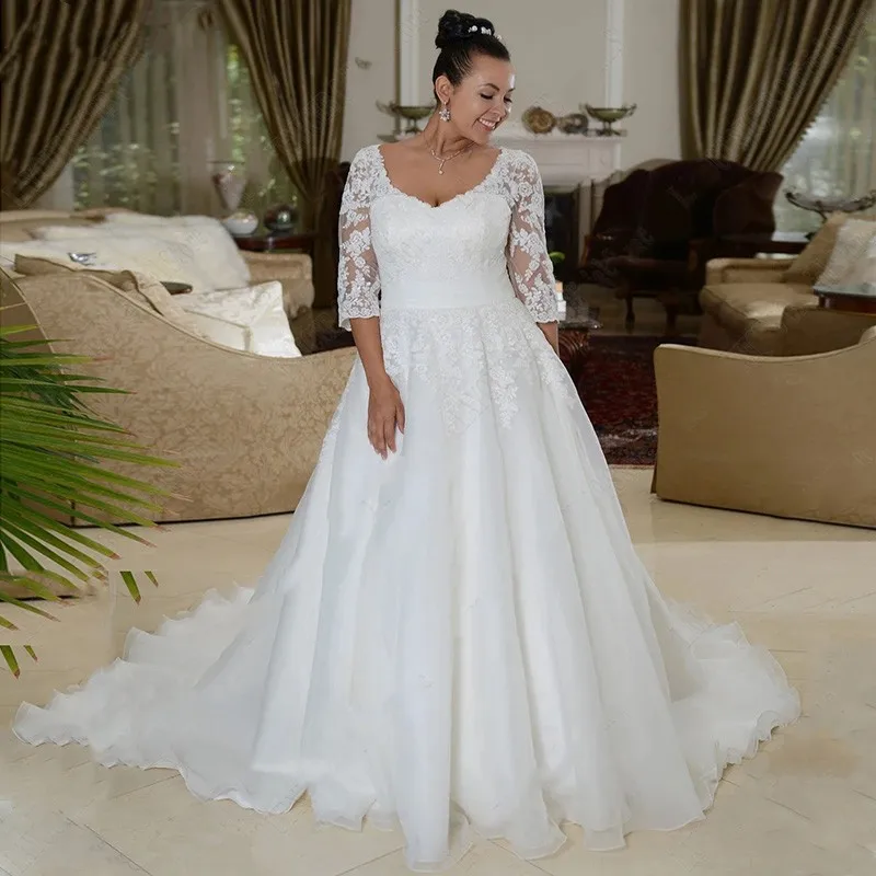 

Elegant Plus Size Wedding Dresses For Women A Line Three Quarter Lace Appliques Sweep Train Vestidos De Novia Bridal Gown Custom