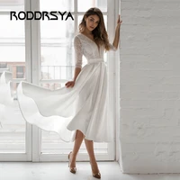 roddrsya vintage tea length wedding dresses short v neck plus size mid calf bridal gown with sleeves bride robe vestido de novia