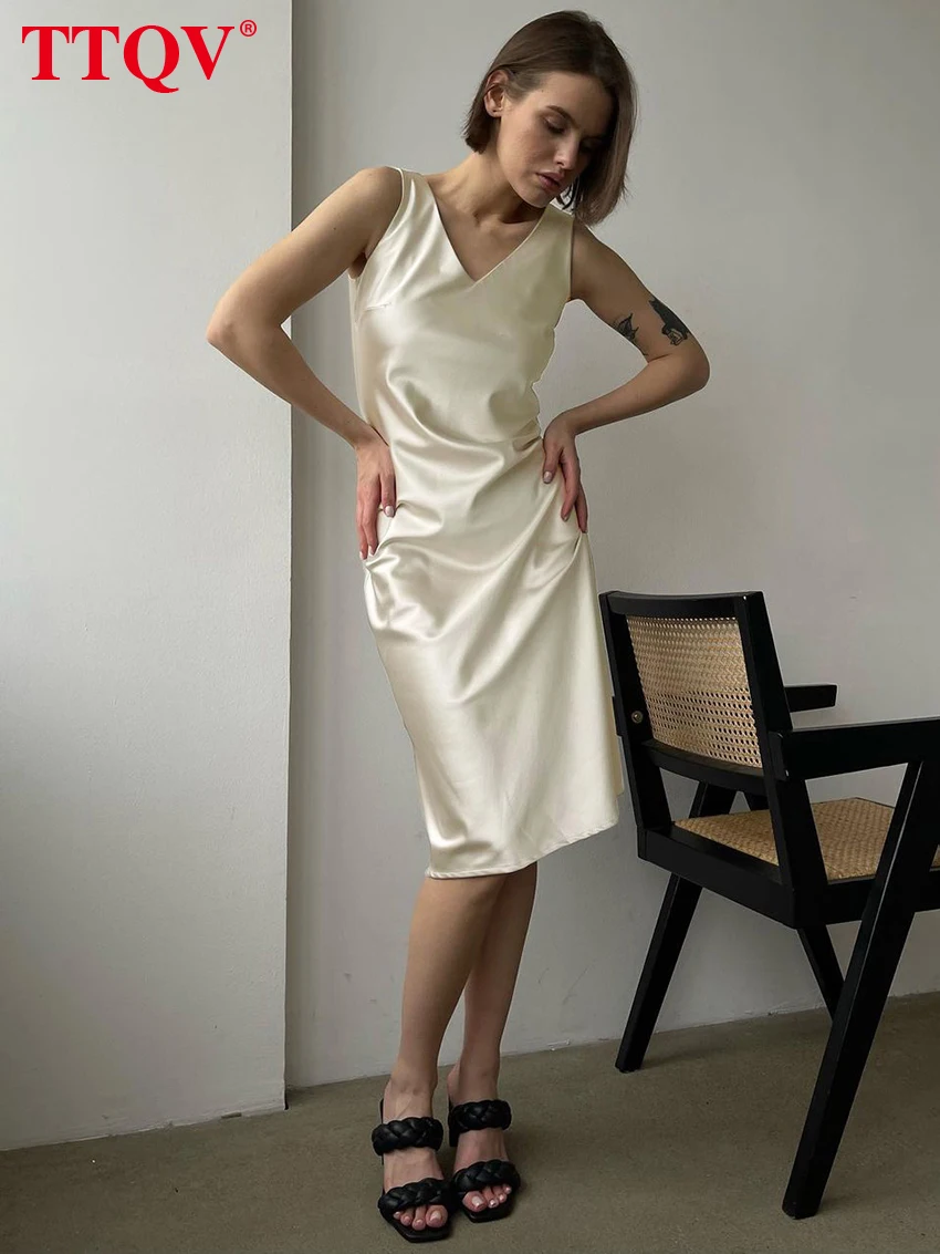 

Повседневные атласные бежевые женские платья TTQV, лето 2023, простое однотонное платье до колен, элегантное платье с V-образным вырезом без рукавов, женская одежда