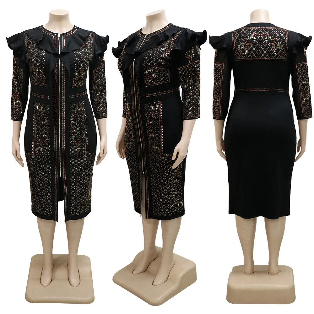 4XL 5XL Plus Size Dresses for Women Big Diamond Zipper Bodycon High Waisted Elegant Business Work Wear Office Ladies Dress Cloth