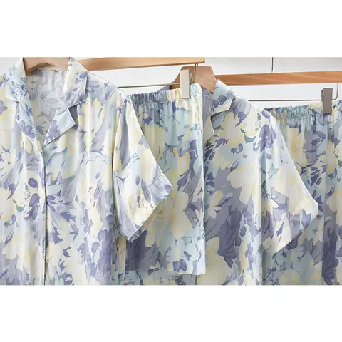 Женские пижамные костюмы из двух предметов на весну и лето, пижамы с длинными рукавами и цветочным принтом, удобные атласные топы из материала с брюками, пижамы