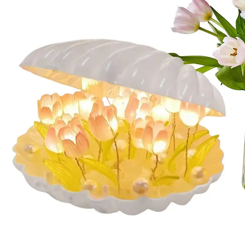 

Shell Night Light DIY Handmade Artificial Flower Tulip Night Light Dreamy Bedside Lamp Sleep Light Home Decor Room Ornament Gift