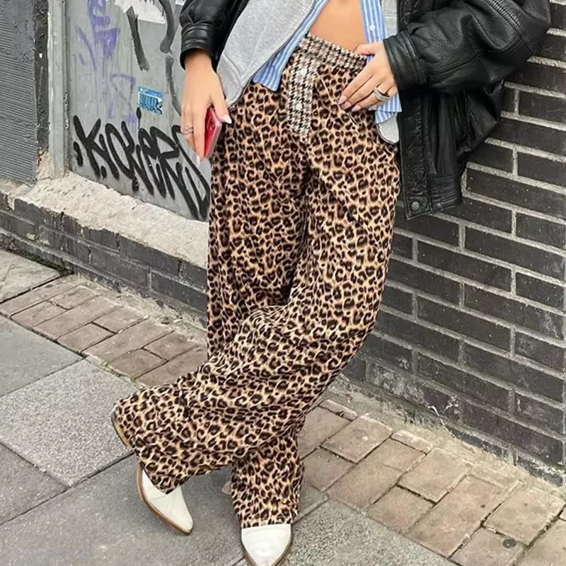 Y2K Boyfriend Trousers Leopard Print High Waist Long Pants Retro Women Chic Fashion Wide Leg Vintage Grunge Streetwear