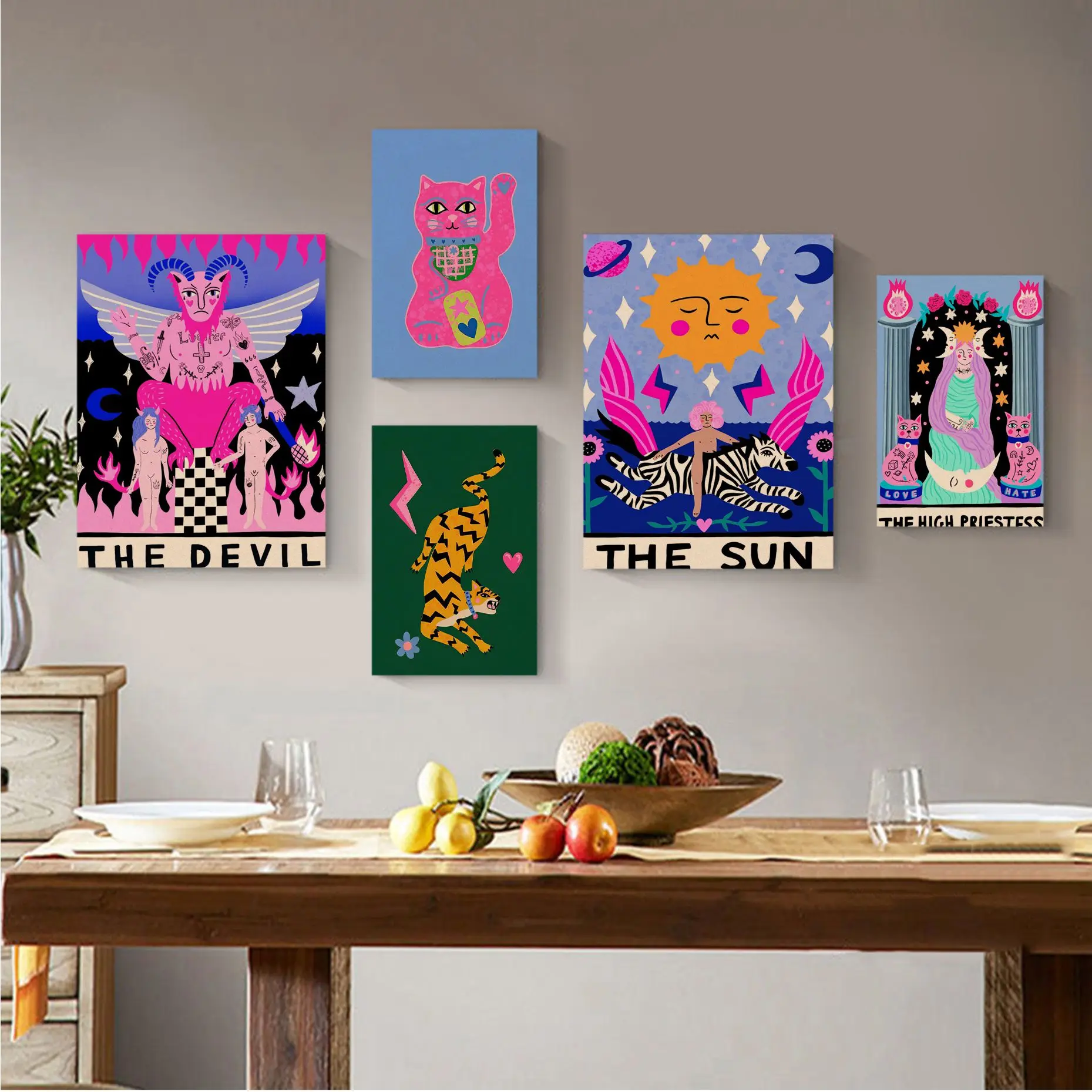 

Sun Tarot Card Tiger Leopard Print Cat Juice Good Prints and Posters Wall Art Retro Posters for Home Vintage decorative painting