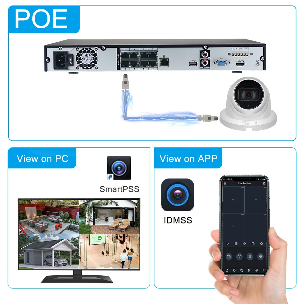 Набор Dahua 6MP CCTV Kit IP Camera IPC-HDW4631C-A 8CH 4K NVR4208-8P-4KS2 P2P APP встроенная фотокамера