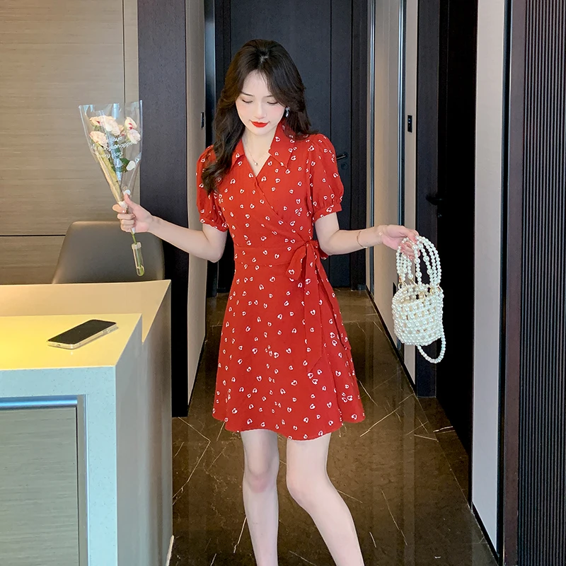 

COIGARSAM Summer Dress Women 2022 New French Style V-Neck Red Dresses Dropshipping