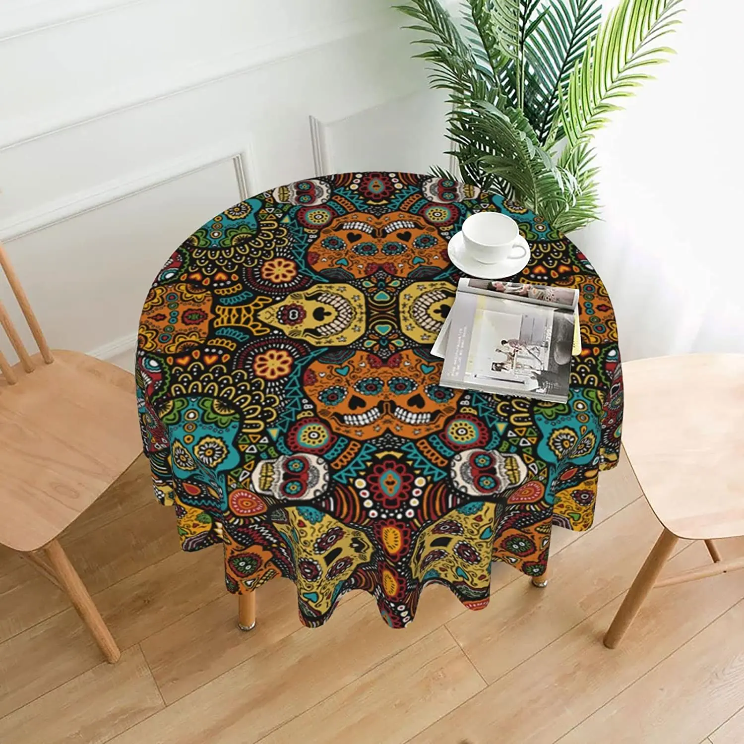 

Colorful Sugar Skulls Print Round Tablecloth Outdoor Picnic, Spill Proof and Washable Tablecloth ,Ktchen Dinner Round Tablecloth