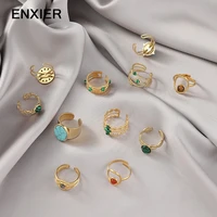 enxier fashion retro stainless steel natural stone open adjustable ring women men rings for jewelry party accessories