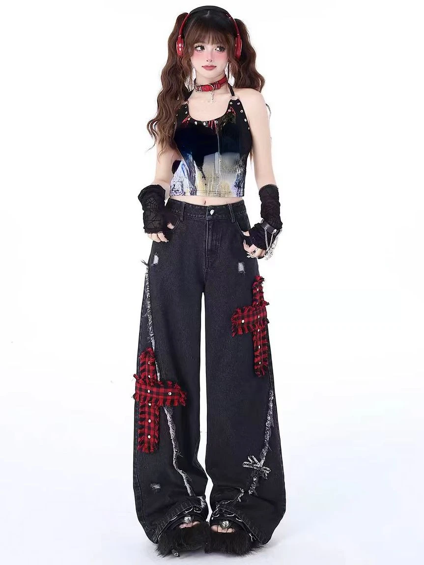 Женские черные готические мешковатые джинсы Y2k
