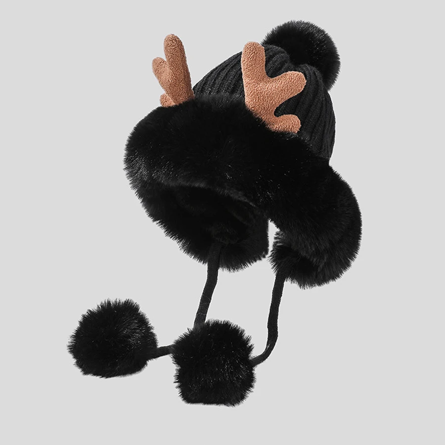 

Cute Ears Winter Hats for Women Beanies Deer Antler Fur Pompom Knit Bonnet Fluffy Winter Cap Bomber Hats for Women Gorro Femme