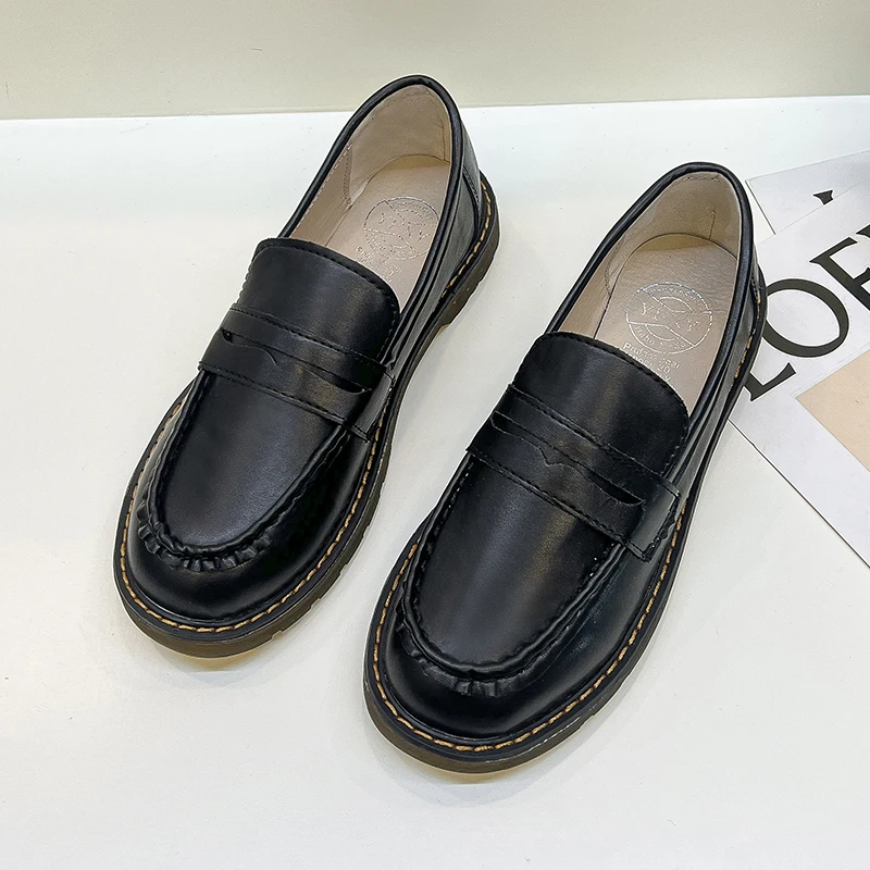 

2022 Black Loafers Women Leather Slip On Casual Ladies Flats Shoes Mary Janes White Platform Round Toe Comfort Spring Autumn New