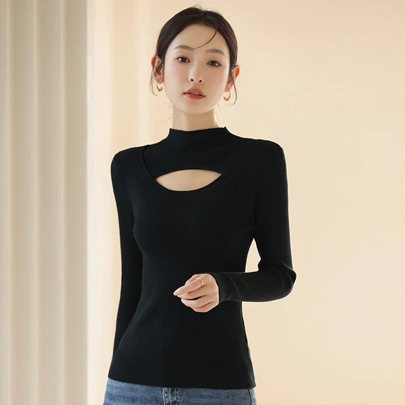 

Women Sexy Basic Knit Top Lady O Neck Hollow Out Bust Sweaters Pullover Sweater Slim Solid Color Long Sleeve Tops Mujer Sweter