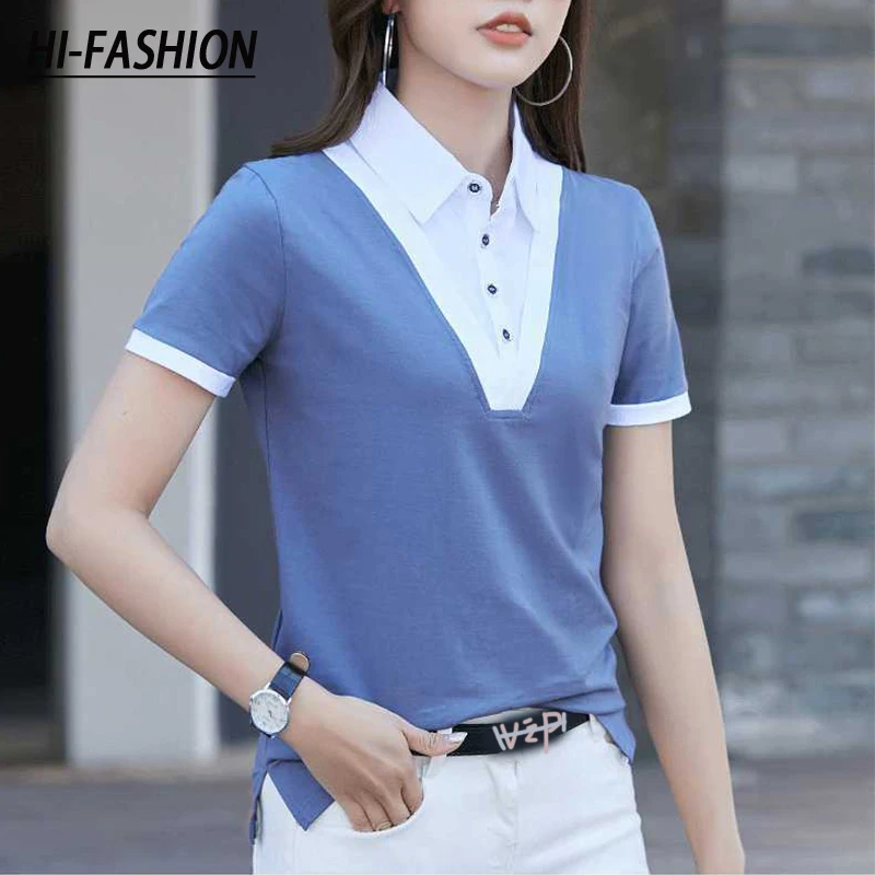 HI-FASHION Women Lapel Buttons T-Shirt Korean Loose Vintage Female tshirt za Woman Summer Cotton Fake Two Peice Plus Size Shirt