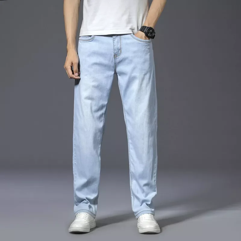 2022New Summer New Business Casual Light Blue Jeans Comfortable and Soft High-quality Cotton Stretch Men's Straight Brand Tr