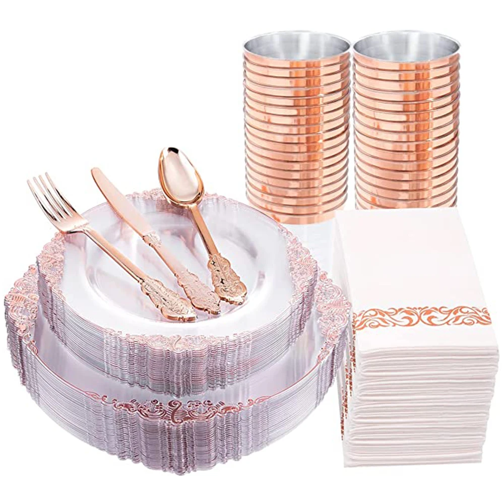 

Disposable Cutlery Set Rose Gold Plastic Dinner Plate Cutlery Spoon Cup Napkin Set Birthday Wedding Party Supplies 10 People