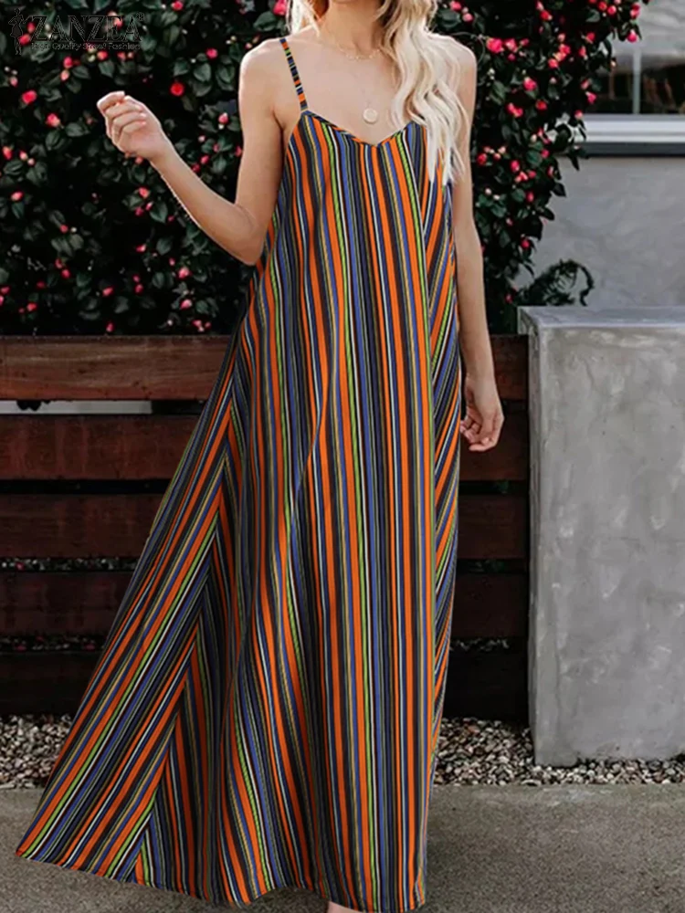 

2022 Fashion Beach V Neck Maxi Dress Women Striped Printed Kaftan Summer Holiday Sleeveless Vestidos Party Casual A Line Drsses