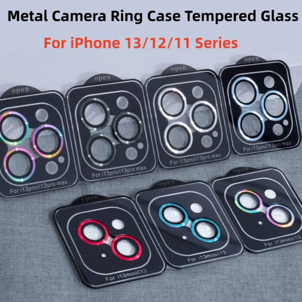 

3D Camera Tempered Glass Lens Protector For iPhone 13 12 Pro Max Mini 11 Metal Camera Ring Hard Case Full Cover