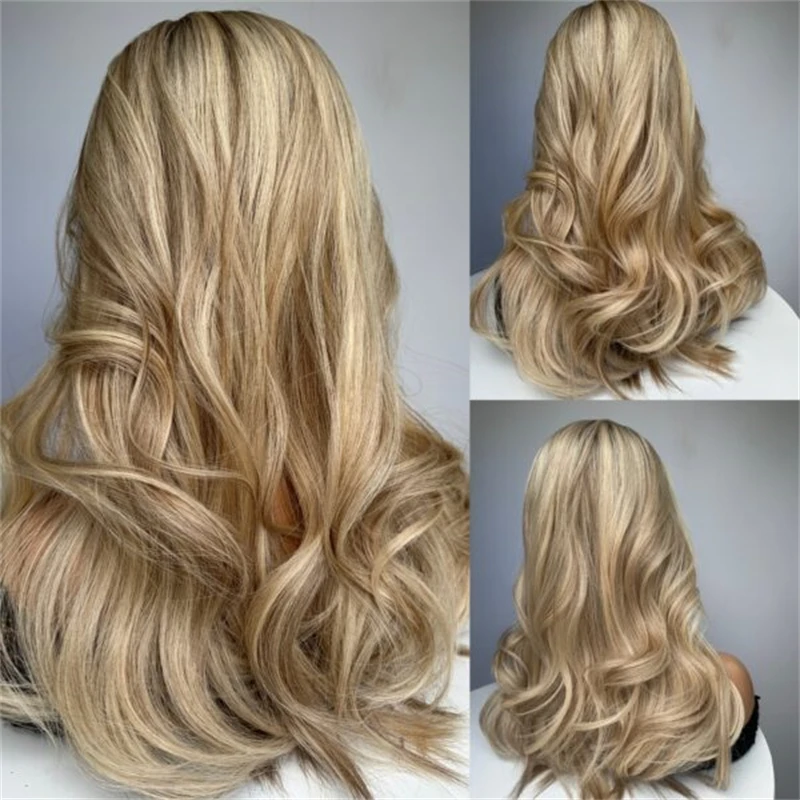 Фото Синтетический парик 13x4 Ombre Light Golden Blonde с невидимой HD-основой из кружева, мягкий длинный парик с волнистыми локонами, без клея, премиум-класса Futura №3