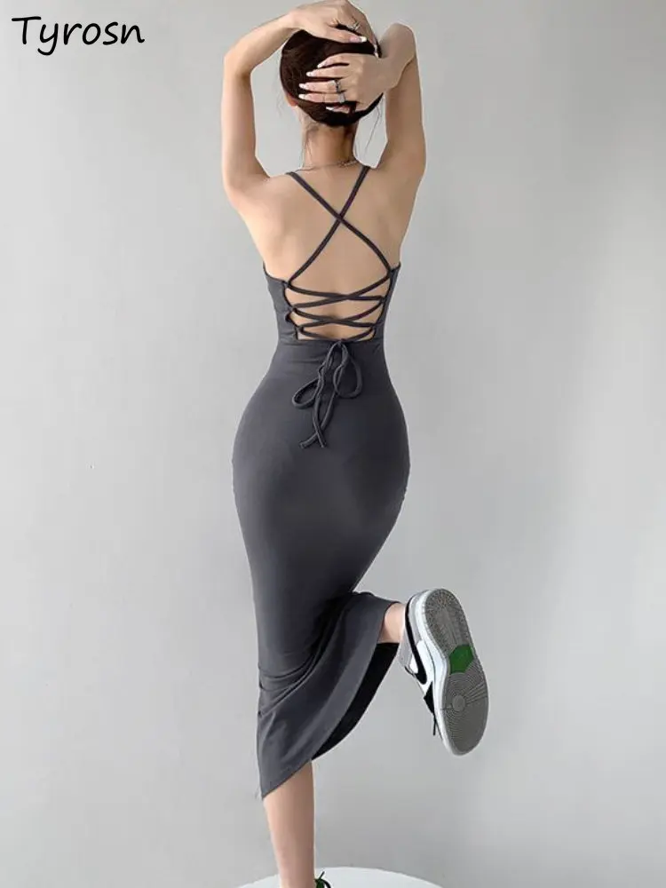 

Пикантные женские платья с открытой спиной модный бандажный дизайн для отдыха тонкий Простой однотонный Универсальный элегантный корейский стиль без рукавов