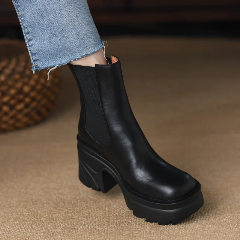 

Женские ботинки челси на платформе, зимняя обувь в уличном стиле, женская повседневная обувь из воловьей кожи, ботильоны без шнуровки на толстом каблуке для весны и осени