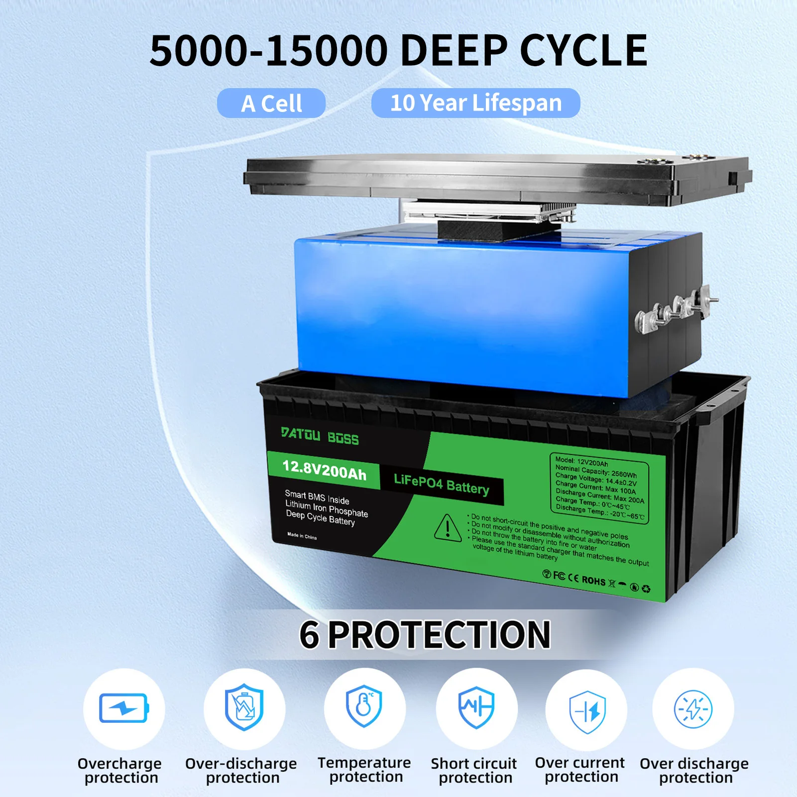 Фото Аккумулятор Datouboss LiFePO4 12В 200Ач, класс А, 8000 циклов глубокого разряда, литиевая батарея LiFePO4 для автодомов, тележек, лодок №2
