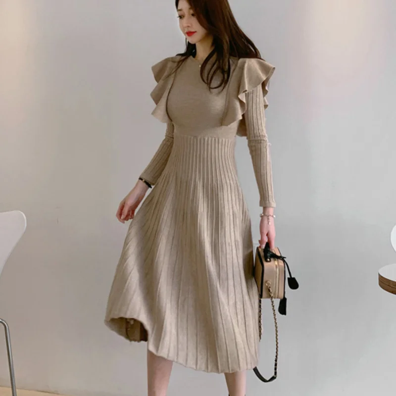 2023 Vintage Elegant O-Neck Female Thicken Knit Long Dress Slim Full Sleeve Ruffles Women Sweater Dresses Vestidos Autumn Winter