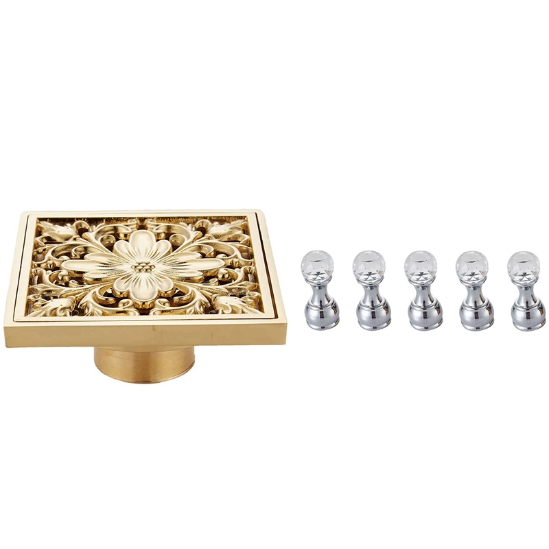 

1 Pcs Gold Square Floor Drain Shower Ground Drain With Strainer Filter & 5Pcs Crystal Decorative Wall Hooks Towel Hook