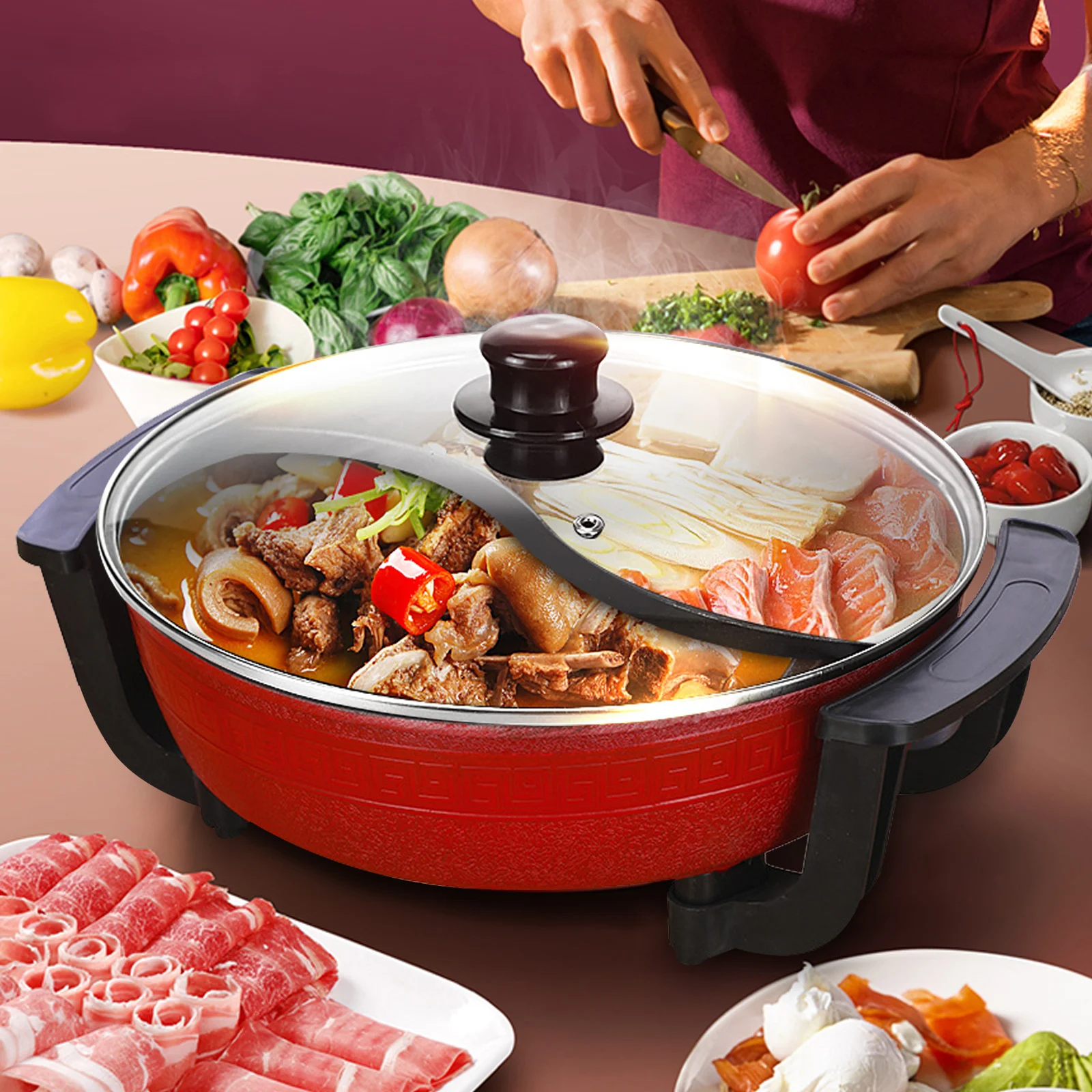 

220V Twin Hot Pot Shabu Induction Fire Pot Soup Pot Cookware