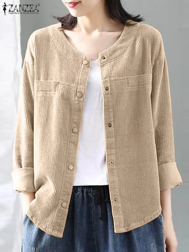 

2023 ZANZEA Spring Women Blouse Elegant Casual Corduroy Tops Solid Outwear Long Sleeve Shirt Fashion Vintage Blusas Tunic Mujer