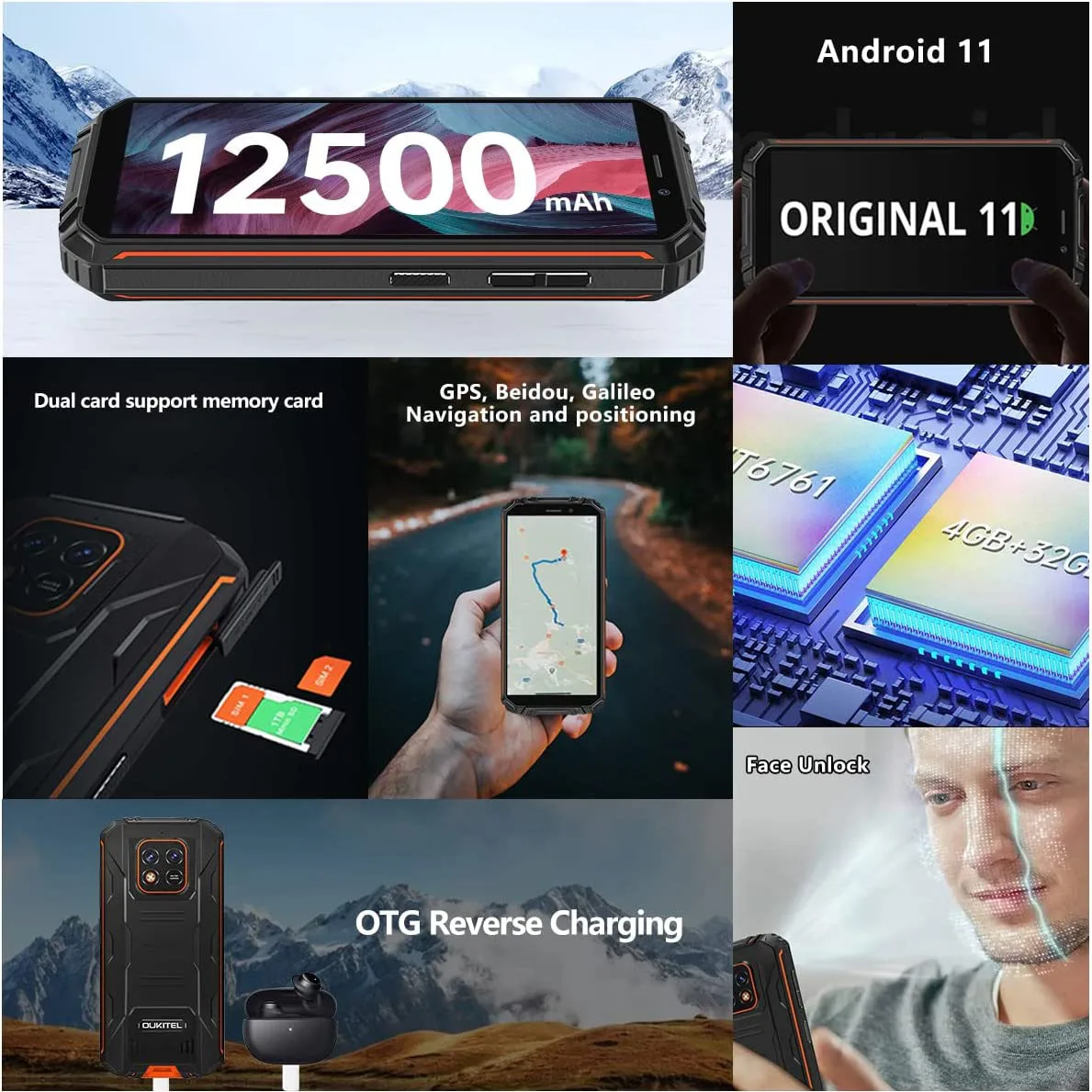 Oukitel WP18 12500mAh Smartphone IP68 & IP69K Rugged Mobile Phone 5.93'' TFT HD + Display Android 11 4GB+32GB 13MP Camera