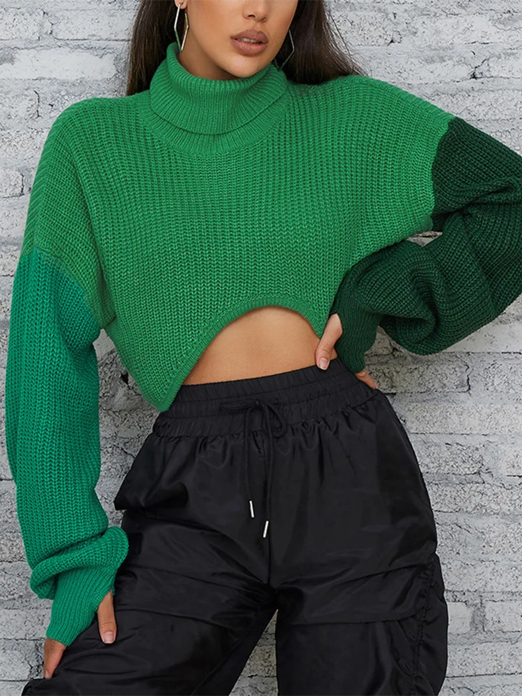 

Women's Turtleneck Cropped Knitted Sweater Thumb Hole Colorblock Patchwork Pullover Navel Lantern Sleeve Loose Jumper 2022 Fall