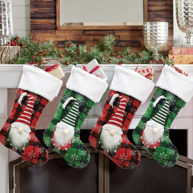 

Christmas Gnome Stocking Plaid Stripe Xmas Tree Decor Stockings Pendant Crafts for Trees Firplace Wall Window Decor
