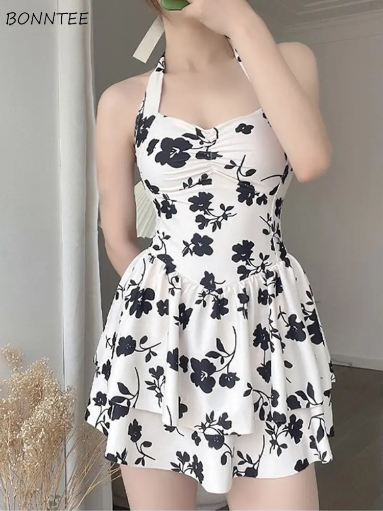 

Накидки с лямкой на шее, женские пикантные летние облегающие купальники с открытой спиной для отдыха, бандажные эстетические шикарные Пляжные Платья с цветочным принтом без рукавов