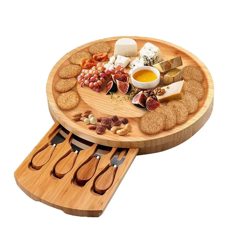 

Bamboo Cheese Plate With Drawer Cheese Knife Cheese Slicer Fork Scoop Cut Tool Kitchen Accessories Cooking Tools