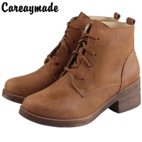 careaymade genuine leather plushed warm cotton shoe head layer cotton leather thick heeled retro martin shoe literary boots