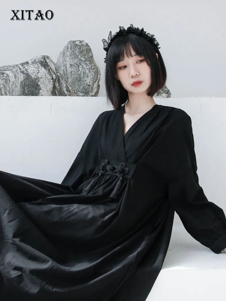 

XITAO Black Dress Fashion Buttoned Cross Placket Vintage Full Sleeve Vintage Small Fresh Casual Minority Loose Dress WMD5073
