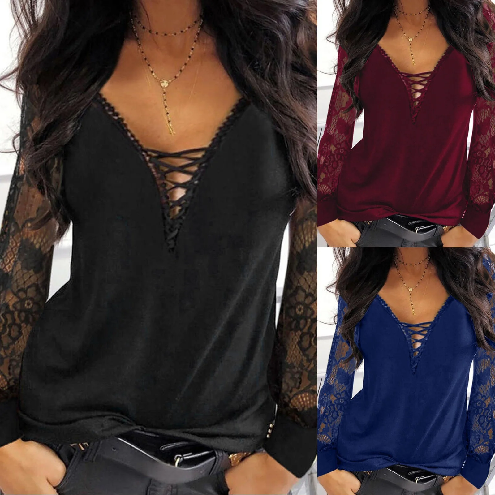 2022 Summer Women Top Socket T-Shirt y2k Clothes Women Fashion Solid Lace V-Neck Long Sleeves Casual Blouses