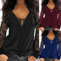 womens fashion solid lace v neck long sleeves casual blouses