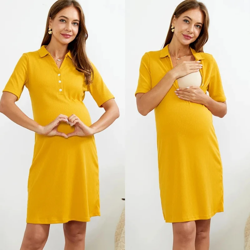 

Pregnant Women's Short-sleeved Dress Summer 2022 Solid Color Mid-length Shirt Collar Breastfeeding Skirt Elegant Jersey Dress